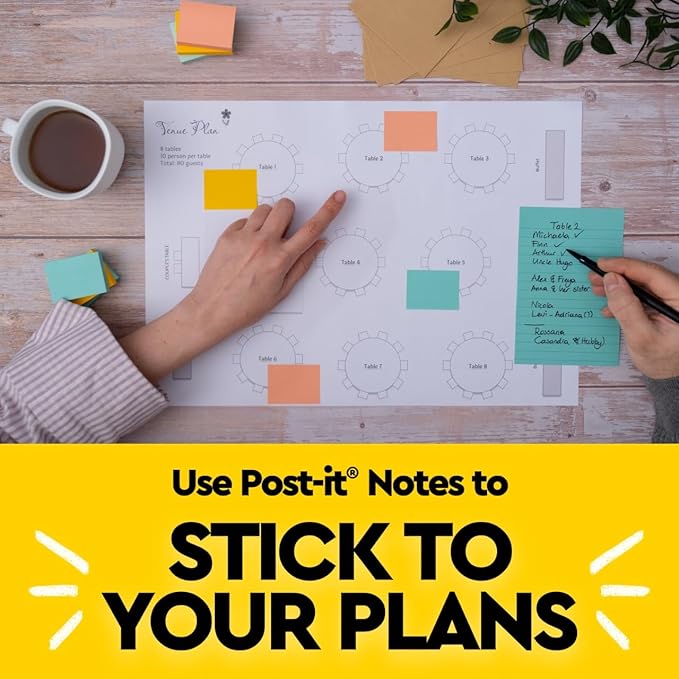 Post-it Notes, 4 in x 6 in, 5 Lined Sticky Note Pads, 100 Sheets per Pad, Beachside Café Collection, School Supplies and Office Products (Pack of 12)
