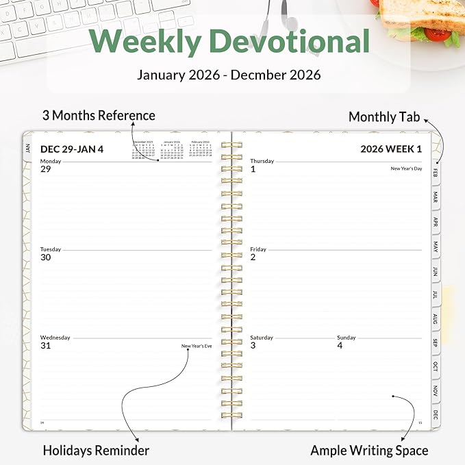 SUNEE 2026 Planner, Weekly and Monthly Calendar Planner, January 2026-December 2026, Daily Agenda with Tabs, Note Pages, Spiral Binding, 6.4"x8.3", Deep Green