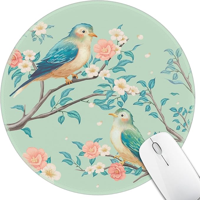 Mouse Pad for Desk, Floral Flower Bird Small Cute Mousepad with Non-Slip Base, Round Mouse Pads for Wireless Mouse Laptop Gaming, Computer Mouse Mat for Home Office Travel Desk Accessories