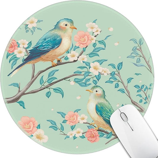 Mouse Pad for Desk, Floral Flower Bird Small Cute Mousepad with Non-Slip Base, Round Mouse Pads for Wireless Mouse Laptop Gaming, Computer Mouse Mat for Home Office Travel Desk Accessories