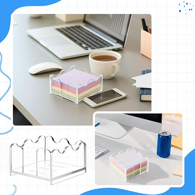 1pc Scalloped Acrylic Sticky Note Holder, 3x3 Inch Clear Cute Notepad Holder Sticky Note Dispenser with Wave Design, Thick Acrylic Desk Organizer for Office, Home, Dorm, Classroom Desk
