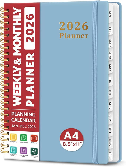 2026 Planner, Weekly and Monthly Calendar Planner, January 2026 - December 2026, Hardcover 2026 Calendar Book with Tabs For Women & Men, Inner Pocket, Spiral Bound, Perfect for Office Home School Supplies - A4 (8.5" x 11"), Blue