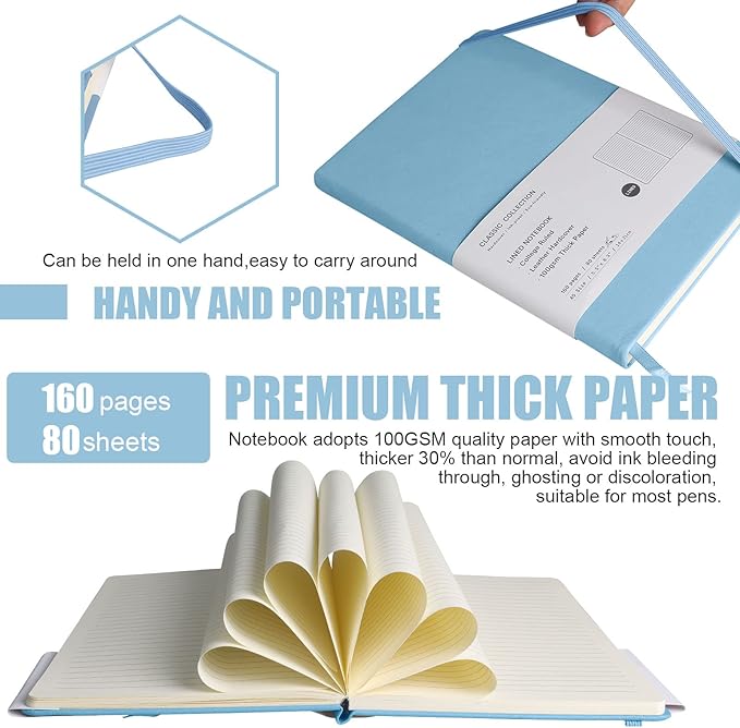 Lined Journal Notebook, 6Pack Hardcover Notebook for Men & Women – Journals for Writing, Work, School, Home & Daily Notes, 160 Pages – Medium A5, 5.7"x8", 100 gsm Thick Paper (Sky Blue)