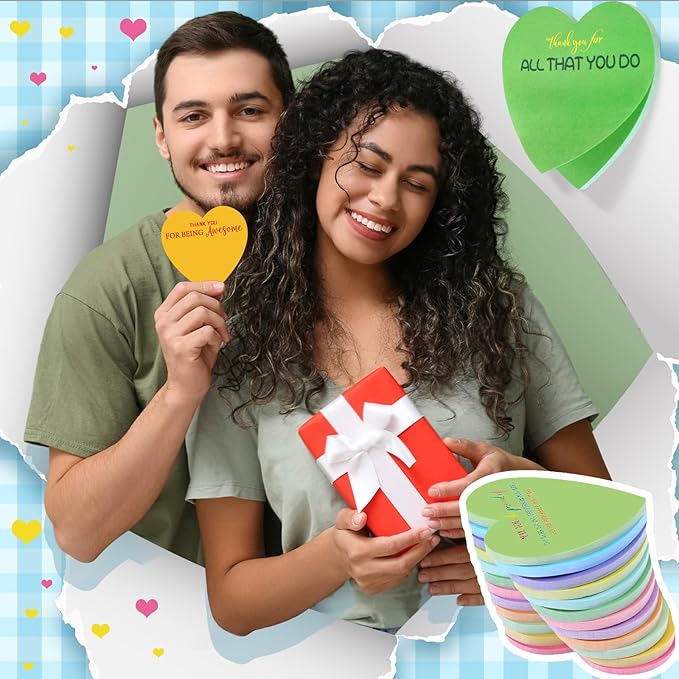 Teling 24 Pack Valentine's Day Sticky Notes Heart Shape Sticky Notes 3 x 3 Inch Thank You Notepads Bulk Cute Memo Pads for Galentines Party Gifts School Office Supplies (Bright)