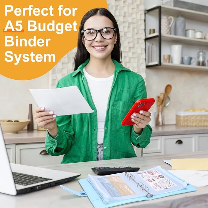 Antner 50pcs A5 Binder Pockets 6-Hole Budget Planner Inserts Cash Stuffing Envelopes for Money Organizer, White Zipper Pouch Folders Waterproof PVC Loose Leaf Filling Bags for A5 6-Ring Savings Binder