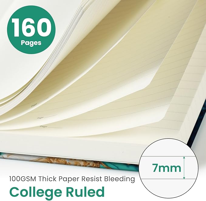 Taja Pretty Lined Journal for Women, Aesthetic Cute Hardcover Leather Journal for Writing, A5 College Ruled Notebook for Work & Note Taking, Perfect for Office School Home, 160 Pages, Emerald Shores