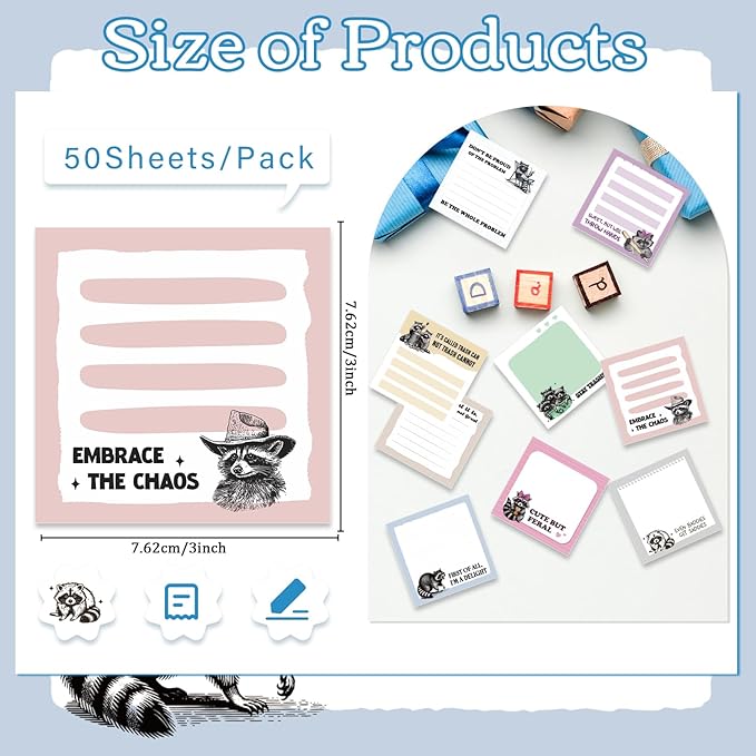 Raccoon Sticky Notes Gifts, 9 Pack Funny Raccoon Notepads 3x3 Inch, Funny Animals Self-Stick Memo Pads, Office School Supplies Gifts for Students Coworkers (450 Sheets)