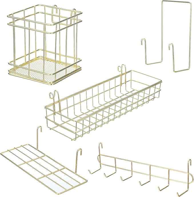 Metal Mesh Wall Grid Panel Hanging Basket,Display Shelf,Pen Holder,Hooks Rack,Bookshelf,Decorative Desk Storage Organizer for Office,Study,Set of 5 (Gold)
