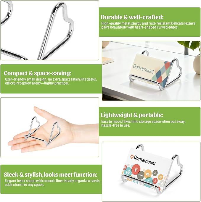 Qomamount Business Card Holder,Cute Heart-Shaped Metal Card Display Stand,Vertical Desktop Name Card Organizer,Small Phone Stand & Photo Holder for Office,Wedding,Reception,Exhibition(Sliver)