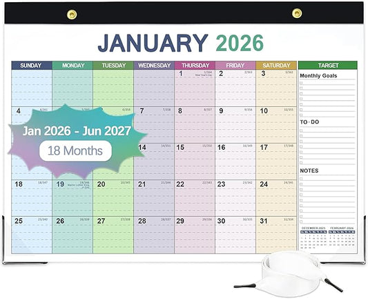 Desk Calendar 2026-2027, 18 Months Calendar from Jan. 2026 to Jun. 2027, 17" x 12" Large Desktop/Wall Monthly Calendar with Corner Protectors, Ample Space ＆ Target for Home, School, Office