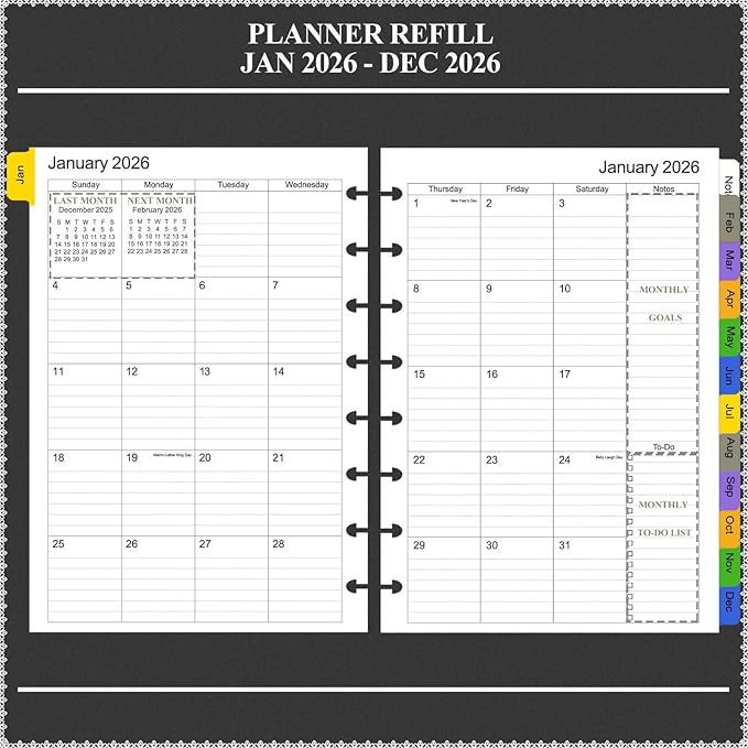 Tiankool 2026 Planner Refill for A5 8-Hole Discbound Binder,Weekly & Monthly Planner Inserts Runs from Jan 2026 to Dec 2026, 5-3/4" x 8-1/4"