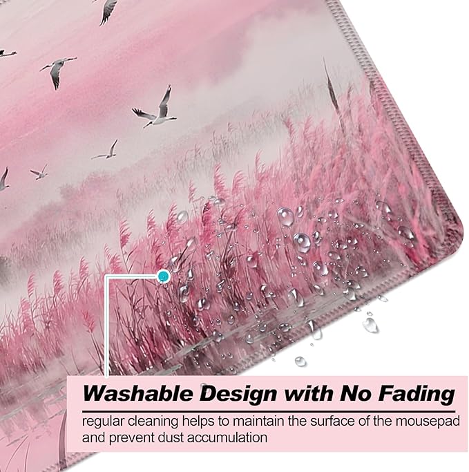 Fantasy Pink Tower and Egret XL Large Desk Mat, Extended Long Desk Pad for Gaming and Office, Non-Slip Rubber Base, Comfortable Surface Mouse Pad, 31.5x11.8 in (H23)