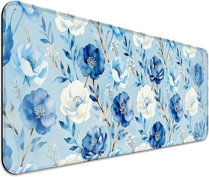 Watercolor Blue Floral XL Large Desk Mat, Extended Long Pretty Flowers Aesthetics Desk Pad for Gaming and Office, Non-Slip Rubber Base, Comfortable Surface Mouse Pad, 31.5x11.8 in (H10)