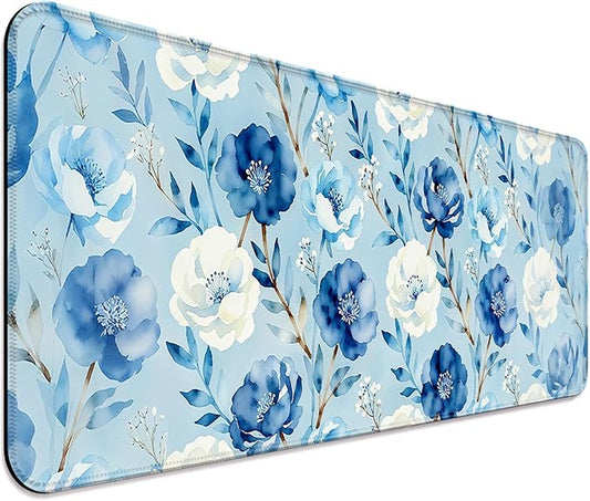 Watercolor Blue Floral XL Large Desk Mat, Extended Long Pretty Flowers Aesthetics Desk Pad for Gaming and Office, Non-Slip Rubber Base, Comfortable Surface Mouse Pad, 31.5x11.8 in (H10)