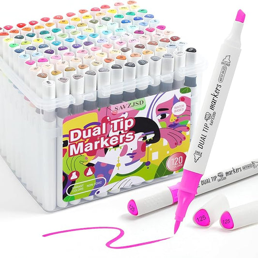 [Water-Based Ink] 120 Colors Dual Tip Markers Set, Brush & Chisel Double Tipped Art Markers for Artists Adults Beginners & Artists in Coloring, Painting
