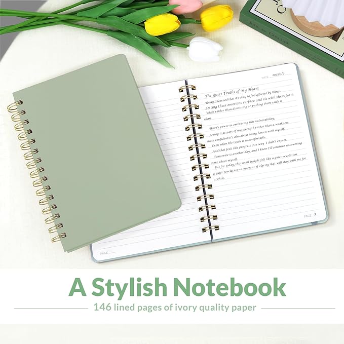 SUNEE Journaling Notebooks, A5 Lined Spiral Notebook for Women, 146 Pages College Ruled Hardcover Notebook for Work, Note Taking, Journaling and Office School Supplies, A5 - Sage Green