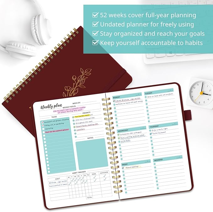 Undated Weekly Planner, Weekly To Do List Notebook with Goal & Habit Tracker Organizer, A5 Weekly Planner Notebook with Spiral Binding, 6.1" x 8.2" - Burgundy