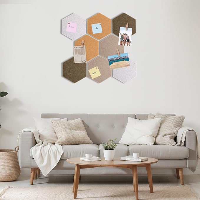8 Pcs 12" Large Hexagon Felt Cork Board Tiles Self Adhesive DIY Bulletin Board Pin for Office Home Wall Decor Stickers Memos Photos Display with 10 Multi-Color Clip Drawing Pins (Burlywood)