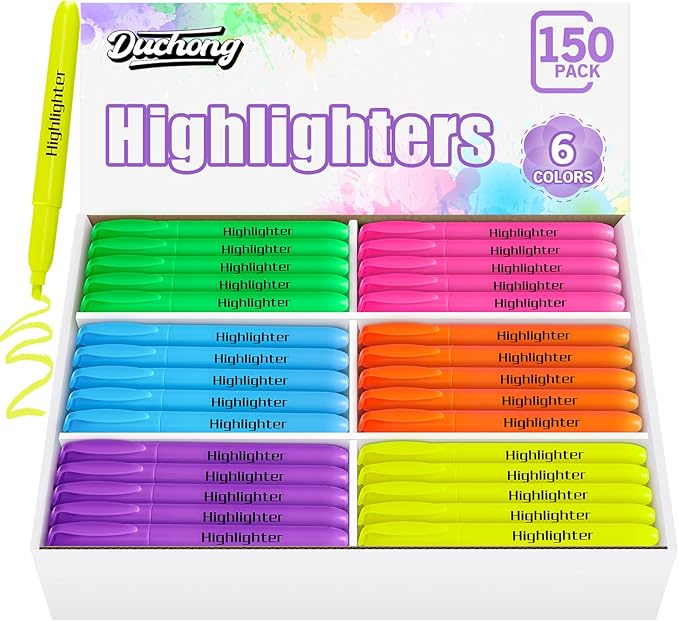 Duchong Highlighters Bulk, 150 Highlighters in 6 Assorted Colors, Chisel Tip Dry-Quickly Highlighter Markers, Office Classroom Must Have, Back to School Supplies for Adult Kids Teachers