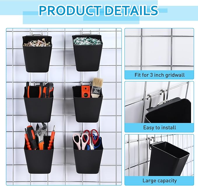 6 Pack Large Gridwall Cups Gridwall Storage Bin with Hooks Hanging Baskets Square Box Shape Hanging Cup Holder Gridwall Accessories for Garage Workbench Office Playroom Home Kitchen(Black)