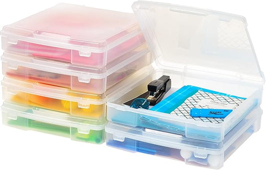 IRIS USA Fits 12" x 12" Paper, 6-Pack Thick Portable Plastic Scrapbook Paper Storage Cases Organizers with Built-in Handle for Art Craft Supplies Yarn File Documents Toys, Rounded Corner - Clear