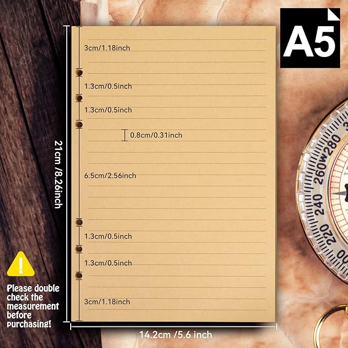 LEOBRO A5 Refill Paper, 90PCS Craft Lined Paper Refill, 6 Ring A5 Planner Insert Refill Paper for Planner Binder Notebook Journal, with Bookmarkers, Page Marker & Binder Pocket & Ruler, 5.6" x 8.2"