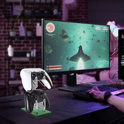 FYY Game Controller Holder 2 Tiers - Universal Dual Controller Stand Headphone Holder, Acrylic Green Controller Display Stand Compatible with Nintendo Switch Xbox PS5 PS4, Desk Mounts for Controller