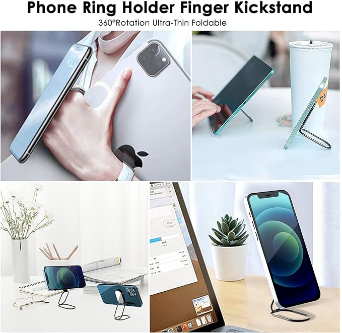 Phone Holder Foldable Phone Stand Phone Ring Holder Finger Kickstand 360° Rotation Cell Phone Stand Metal Phone Grip for Magnetic Car Mount Sticky Phone Grip Compatible with Most Smartphones