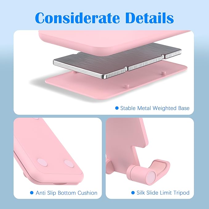 Cell Phone Stand, Angle Height Adjustable Cell Phone Holder for Desk, Fully Foldable with Silicone Pad, Compatible with iPhone and All Mobile Phones Tablet, Sturdy Weighted Base (Pink-2)