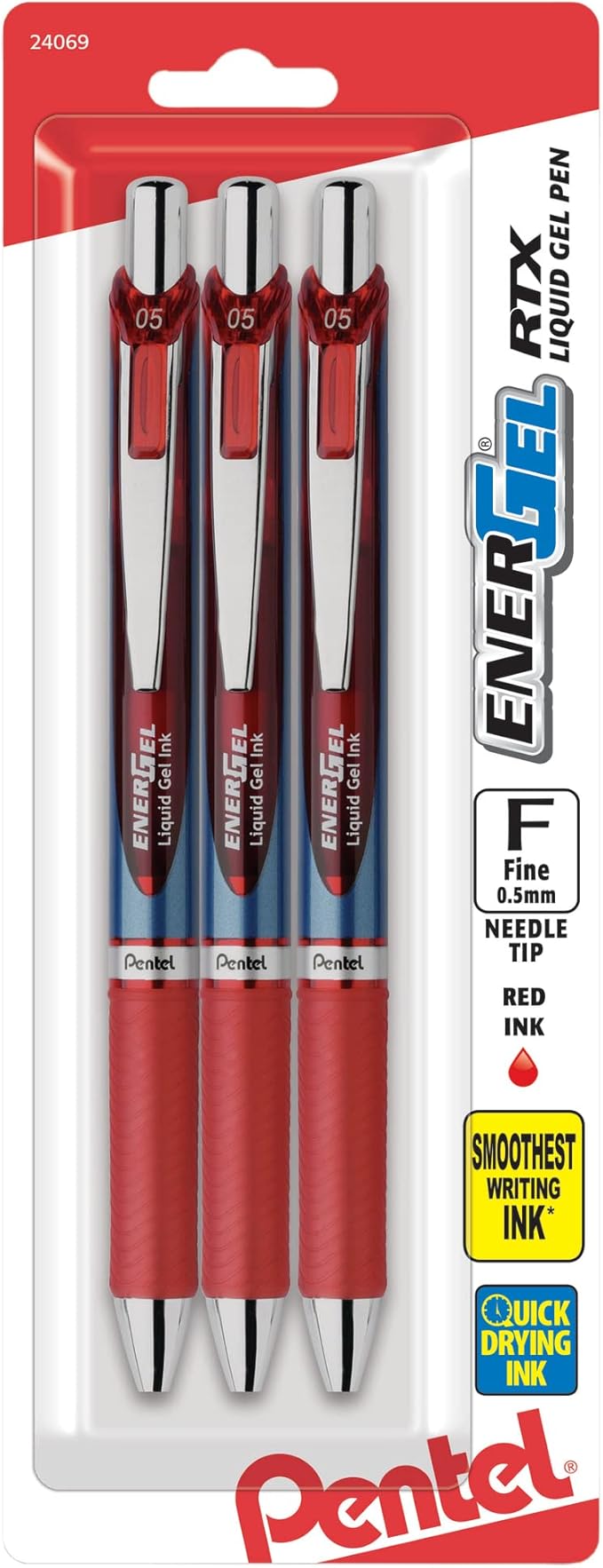 Pentel Gel Ink Pen, EnerGel RTX Retractable Gel Pen, 0.5mm, Needle Tip, Red Ink, 3 Pack (BLN75BP3B)