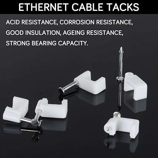 Cable Clips - CableGeeker 100 Pieces Ethernet Cable Clips with Nails 8mm Cord Holder for Cat6 Cat7 Flat Ethernet Cable (White)