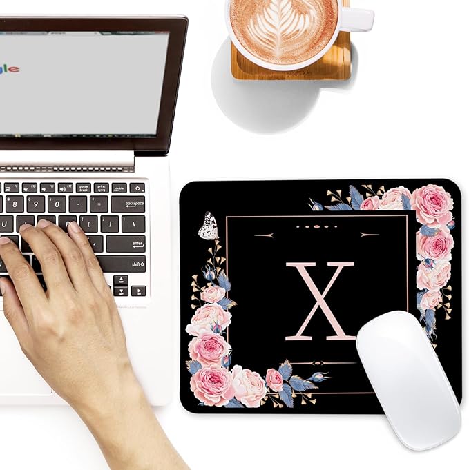 Letter X Black and Pink Flowers Square Mouse Pad, Mouse Pad with Stitched Edge and Non-Slip Rubber Base,Mouse Mat,Home Office Decor Desk Accessories,9.4x7.8x0.12 inch Square Mouse Pad