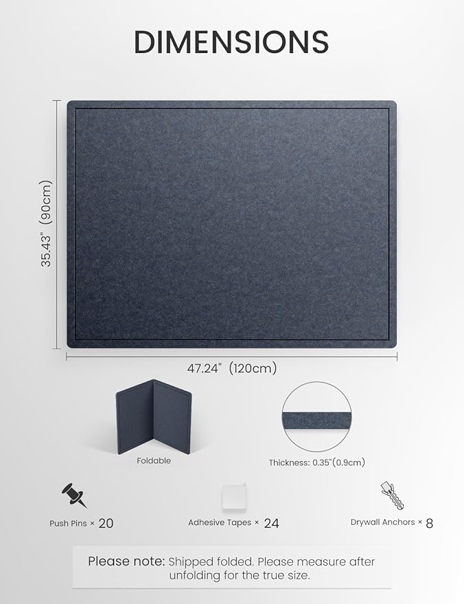 Fluxynara Large Bulletin Board, 47.2" x 35.4" Cork Board Alternative with 24 Safe Removable Adhesive Tabs, Foldable Felt Pin Board for Home Office, Classroom, Bedroom,Entryway for Walls— Navy Blue