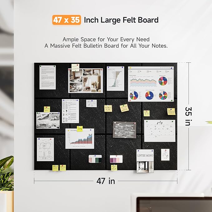 Felt Cork Board for Wall: Extra Large Bulletin Board for Office - 12 PCS Thick Corkboard Tiles Grey Pin Board Squares Adhesive