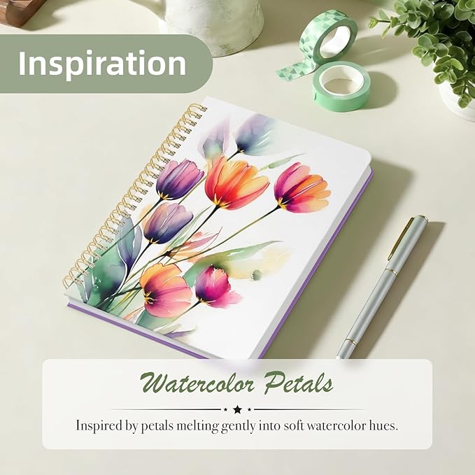Stanoha Cute Spiral Notebook A5 Journal for Women Girls Kawaii Aesthetic Pretty Floral Design with Pocket, 8.5 x 5.7 inch, Line, Watercolor Flower
