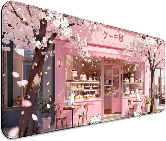 Japanese Anime Pink Cherry Blossom Cake Shop XL Large Desk Mat, Extended Long Cat Desk Pad for Gaming and Office, Non-Slip Rubber Base, Comfortable Surface Mouse Pad, 31.5x11.8 in (H15)