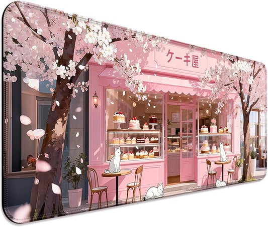 Japanese Anime Pink Cherry Blossom Cake Shop XL Large Desk Mat, Extended Long Cat Desk Pad for Gaming and Office, Non-Slip Rubber Base, Comfortable Surface Mouse Pad, 31.5x11.8 in (H15)