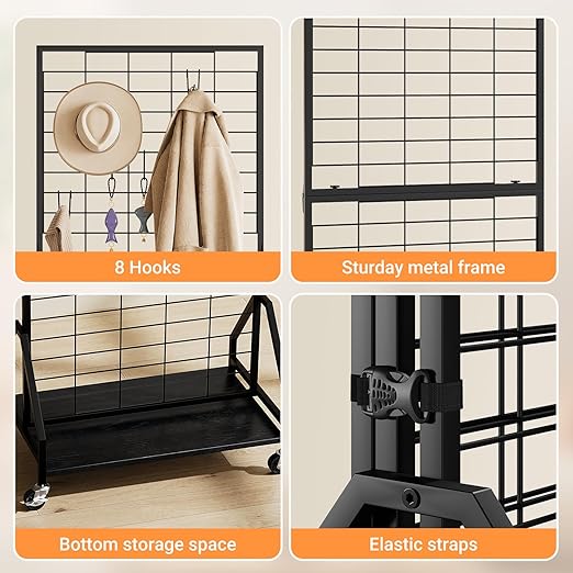 ELYKEN Foldable Grid Wall Panels 5.5' x 2' FT, Movable Wire Gridwall Display Rack with Wheels and Adjustable Foots, Retail Display Stand for Vendor with Storage (Black)