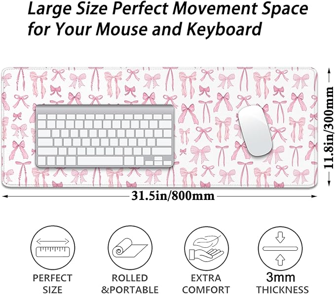 Pink Bow Desk Pad Mouse Pad,Large XL Mouse Mat with Stitched Edges,Non-Slip Rubber Base Mousepad for Office PC Keyboard Laptop and Home Work Desk Mat(31.5X11.8 in)