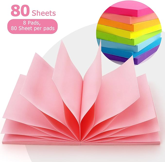 Pop Up Sticky Notes 3x3 inch, 8 Bright Multi Colors,Accordion Self-Stick Notes, Purple Sticky Notes 8 Pads 80 Sheet/Pad