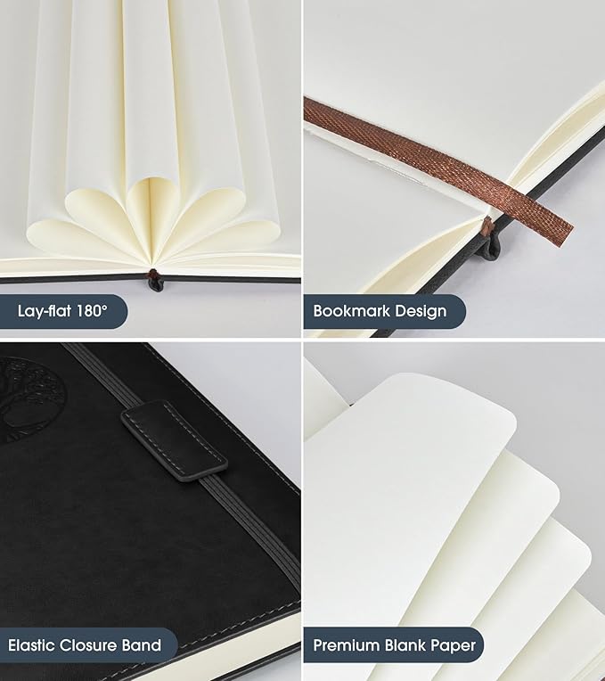 Biuwory Blank Journal Notebook for Women Men, Hardcover Leather Sketchbook 5.7"×8.3", 160 Pages Unlined Sketch book for Drawing, Writing, Travel, School & Work, Journaling Notebooks (Black)