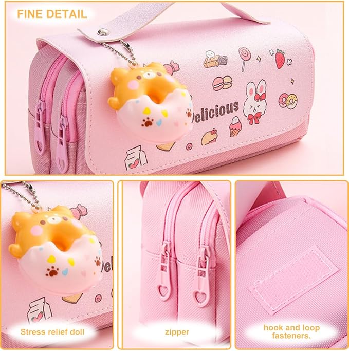 Pencil Case for Girls, Kids Large Capacity Cute Pencil Box with Compartments School Organizer Pen Pouch (Doughnut Pink)