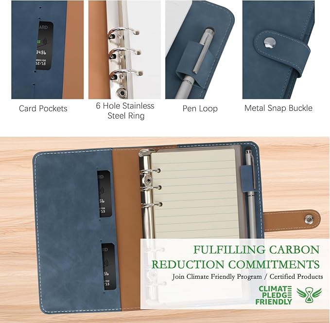 FYY A6 Binder Refillable Planner Notebook 6 Ring PU Leather Binder Journal with Pockets, Dividers, Refill Paper Navy