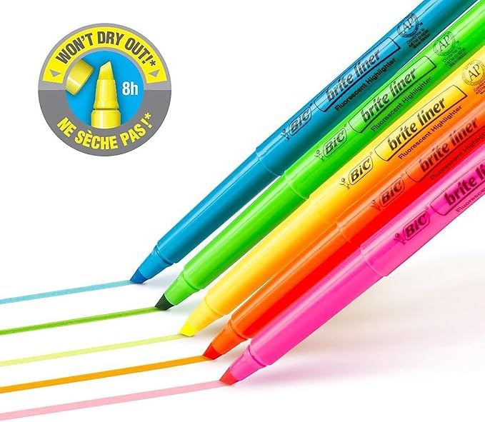 BIC Brite Liner Highlighters Markers, Chisel Tip, Assorted Colors, 12 Per Pack, 2 Packs (BICBL11AST-2)