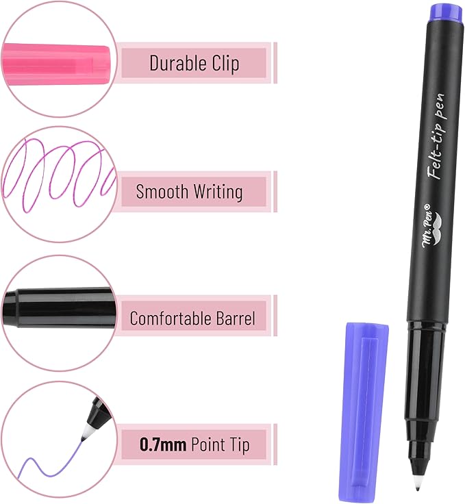 Mr. Pen- Felt Tip Pens, 16 Pack, 0.7mm Colorful Felt Pens, No Smear, Quick Dry