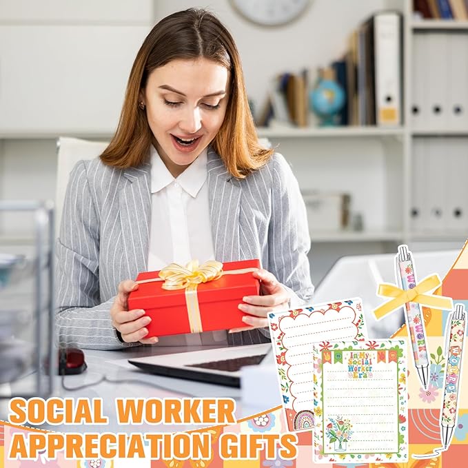 Eaasty 24 Sets Christmas Social Worker Appreciation Gifts Bulk Notepads and Ballpoint Pens Set with Ribbon Social Work Month Gifts for School Staff Coworker Office Supplies