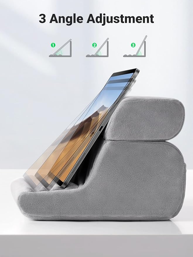 UGREEN Tablet Pillow Stand for Lap Soft Holder Bed with 3 Viewing Angles Adjustable Home Office Accessories Compatible with iPad Pro 13 12 11 10.5 Air Mini 5 4 3 2 Phone 16 15 14 E-Reader Grey