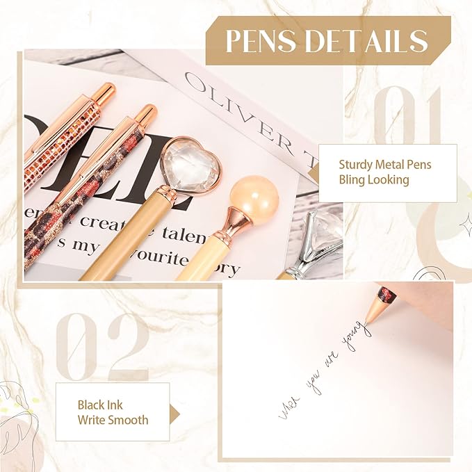 Janmini 9 Pcs Ballpoint Pens Set Metal Crystal Diamond Glitter Pens for Journaling Black Ink Pretty Cute Things Fancy Stationery Gifts for Women Girls Birthday Home Office Desk(Brown)