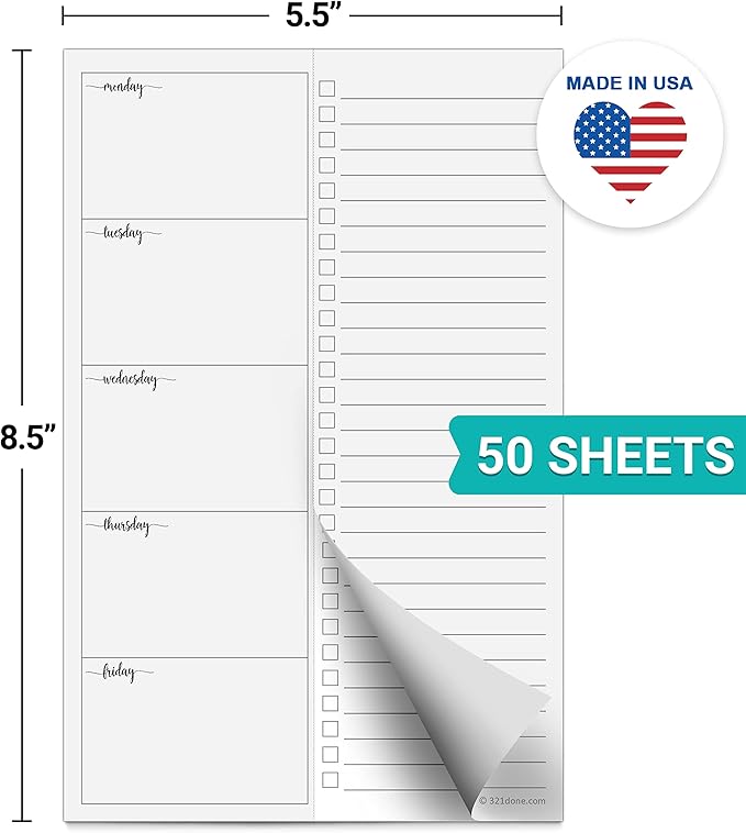 321Done Weekly Planning Notepad, 5.5x8.5, Made in USA, M-F Week Day Schedule & To Do Task List, Perforated Tear Off Checklist (50 Pages), Thick Paper, Simple Script Design