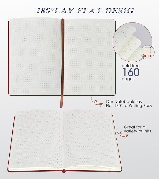 Biuwory Dotted Journal Notebook for Women Men, 160 Pages Hardcover Dot Grid Notebooks for Work, School & Travel, Leather Journals for Writing, Bullet Journaling 5.7"×8.3" (Winered)